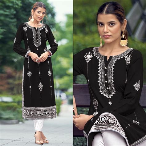 Black Floral Embroidered Rayon Kurti