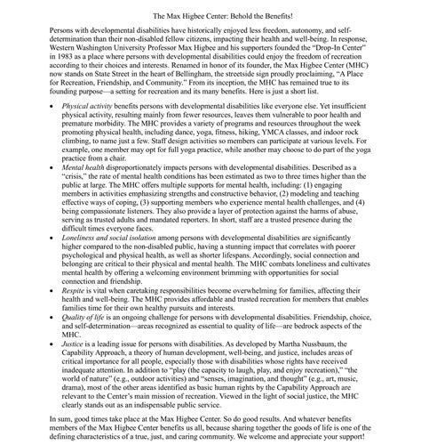 The Max Higbee Center: A Benefits Perspective | Max Higbee Center