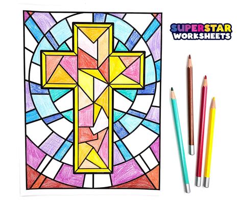 Stained Glass Cross Coloring Page Printable