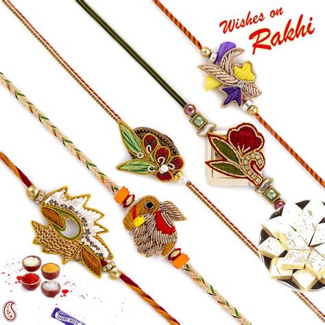 Aapno Rajasthan Set of 5 Traditional Zardosi Rakhi