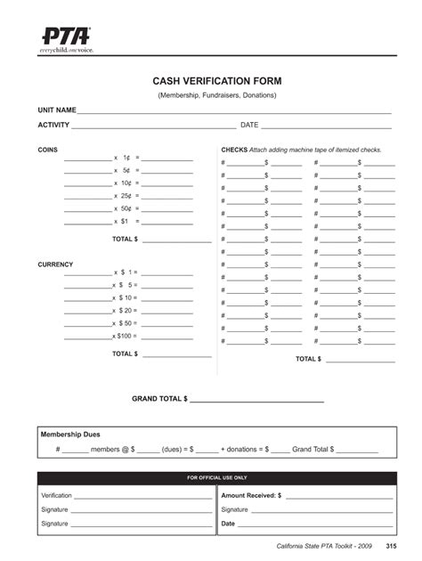 2009 CA PTA Cash Verification Form Fill Online, Printable, Fillable ...