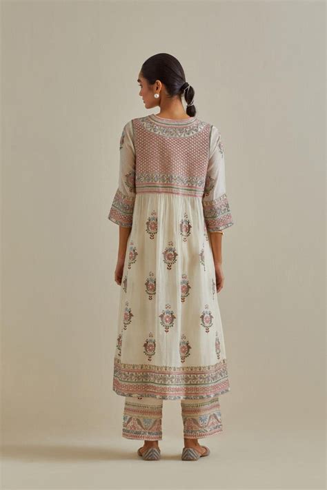 Pink and off-white cotton chanderi embroidered kurta dress set with V ...