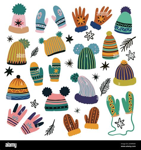 Cute vector set of winter clothing clip art, hats, mittens and gloves ...