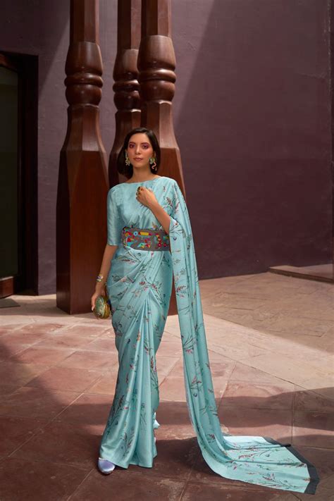Blue Digital Printed Satin Crepe Saree – Kumari Sarees