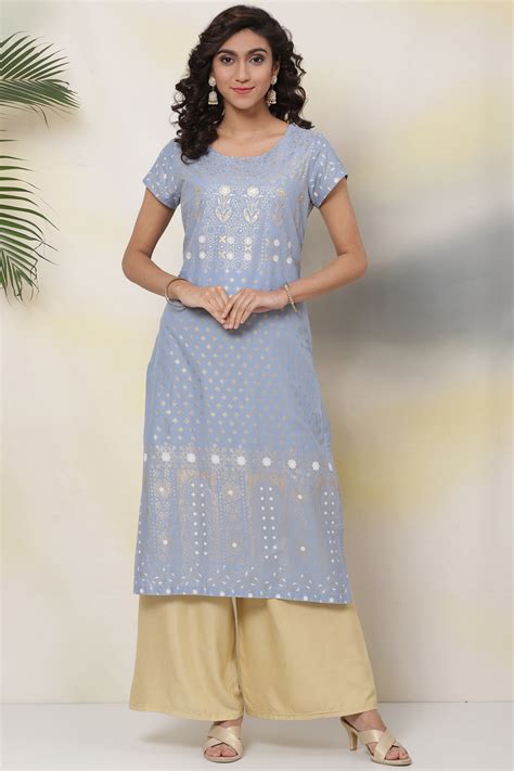 Buy Ice Blue Cotton A Line Kurta Online at Biba India