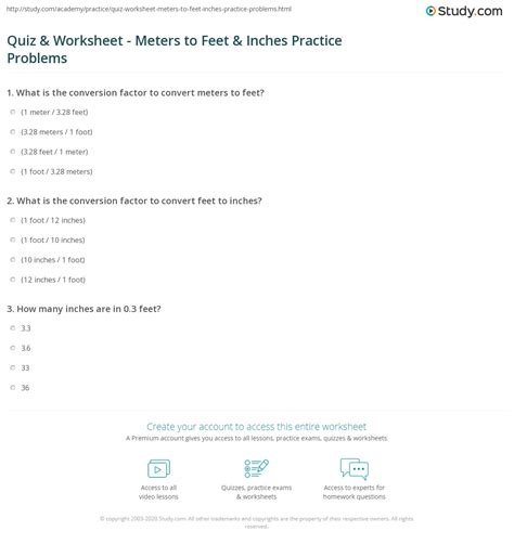 Quiz & Worksheet - Meters to Feet & Inches Practice Problems | Study.com