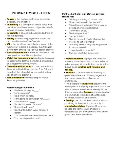Prefinals Reviewer - Ethics (1) - PREFINALS REVIEWER - ETHICS Reason is ...