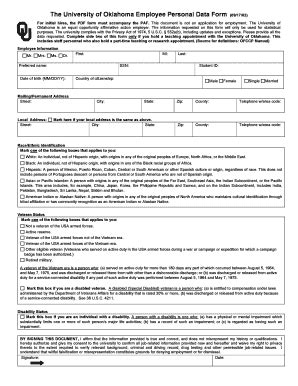 University of Oklahoma Employee Personal Data Form - Blank Fillable ...