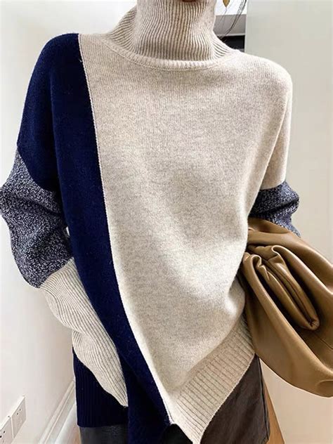 Color Block Autumn Urban Acrylic Long sleeve Turtleneck Regular H-Line ...
