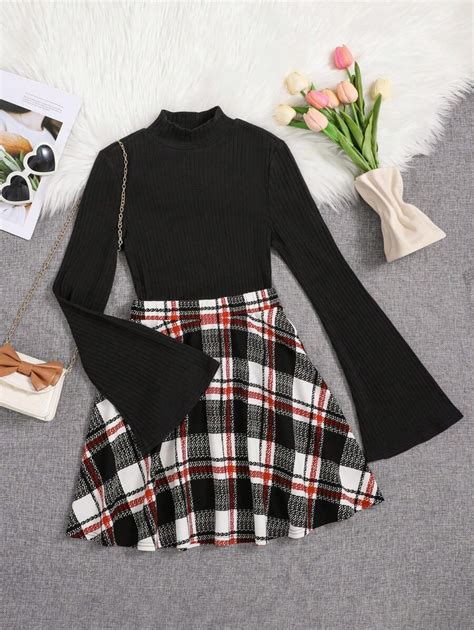 Teen Girl Mock Neck Flare Sleeve Tee & Plaid Skirt | SHEIN USA