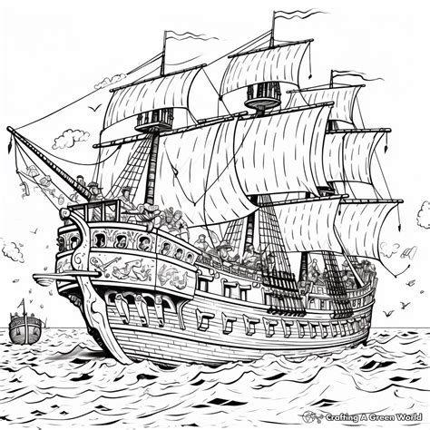 Pirate Ship With Pirates Coloring Page
