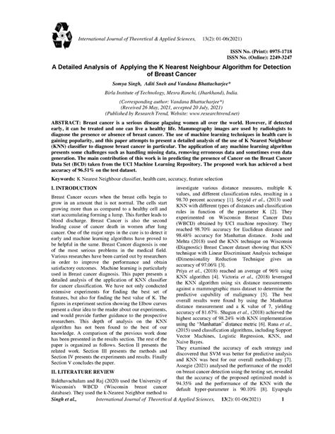 1 A Detailed Analysis of Applying the K Nearest Neighbour Algorithm for ...