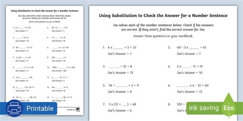 Using Substitution to Check the Answer for a Number Sentence Activity Sheet