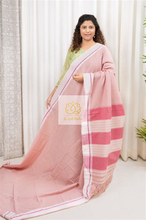 Off White Patteda Anchu Cotton Saree With Off White Border (Pink Check ...