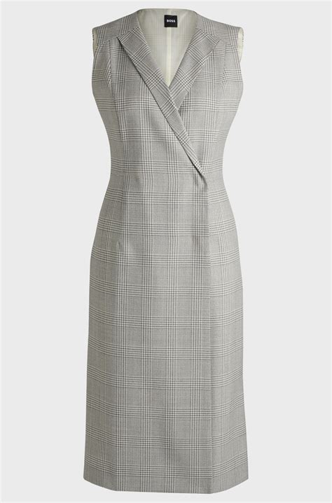 BOSS - Wrap-front dress in checked virgin-wool crepe - Grey Patterned