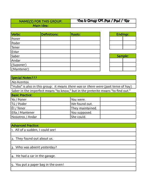 U Group Preterte Notes Guide - Verbs: Definitions: Roots: Poner Poder ...