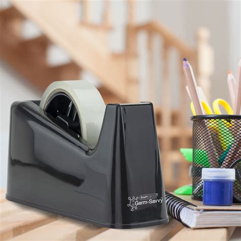 Germ-Savvy® Antibacterial 500 Heavy Duty Tape Dispenser & 1 Tape Roll – Black - Rapesco Worldwide