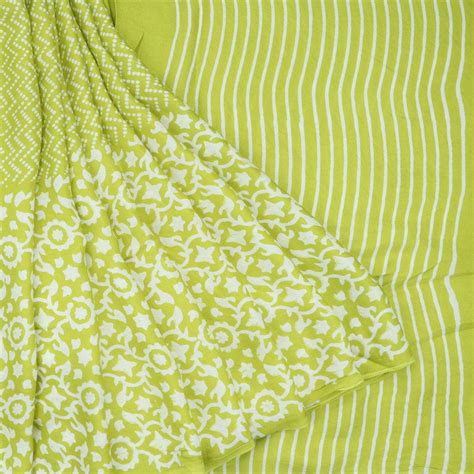 Lime Green Printed Satin Silk Saree With Chevron Pattern | Singhania's