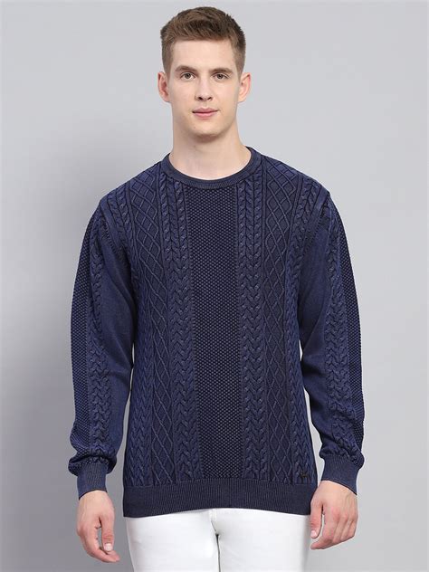 Buy Men Blue Self Design Round Neck Full Sleeve Pullover Online in ...