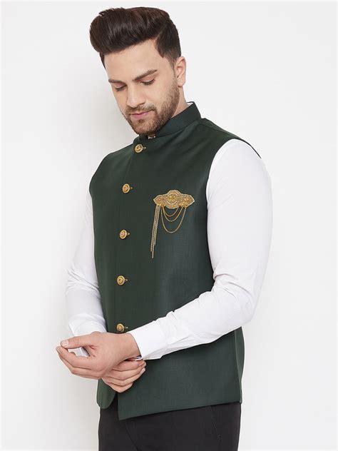 VASTRAMAY Bottle Green Solid Embellished Zardozi Nehru Jacket – vastramay
