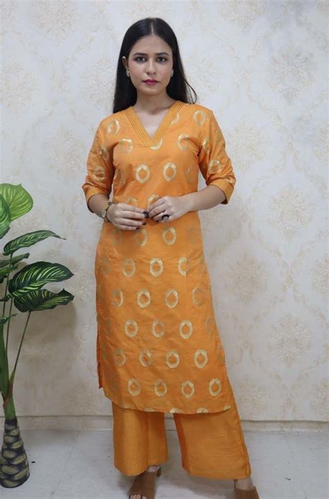 Stylish Orange Brocade V Neck Kurti & Straight Pant Combo