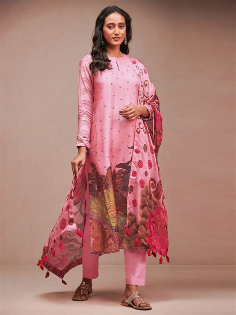 Buy Pink Printed Unstitched Kurta Set | Shop Saundh