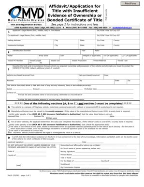 Fillable Online Affidavit/Application for Title With Insufficient ...