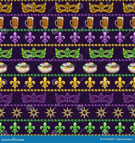 Mardi Gras Pattern with Holiday Objects, Symbols Stock Illustration ...
