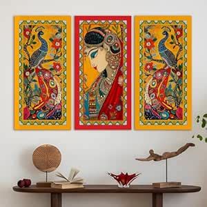 PAPER PLANE DESIGN Madhubani paintings for living room. Set of 3 canvas ...