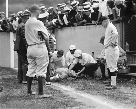 Babe Ruth unconscious at Griffith Stadium in Washington during a game ...