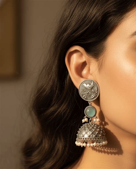 Silver Bird Beaded Jhumkas Blue – Pakke Dhaage
