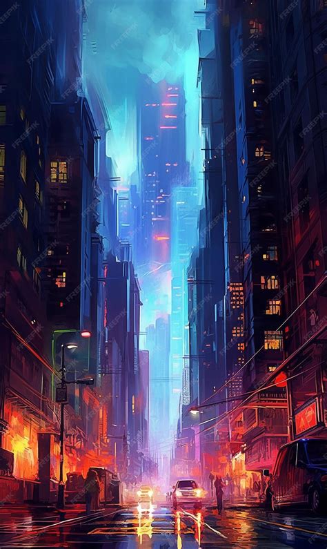 Digital art, wide angle, ambient haze street performer, neon signs, evening crowd, moody vibes 的图像结果