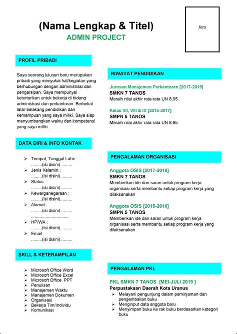Contoh CV Admin Project Lulusan SMA/Sederajat (Fresh Graduate) - Tanpakoma