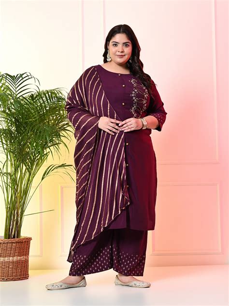 Plus Size Embellished Wine Ring Kurta Set with Dupatta – DESINOOR.COM