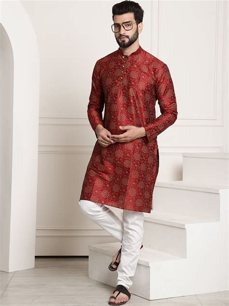Men's Silk Blend Maroon printed Kurta and White Churidar Pyjama Set ...