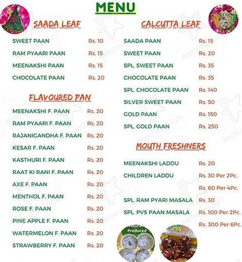 Menu at PVS Pan Mahal, Secunderabad