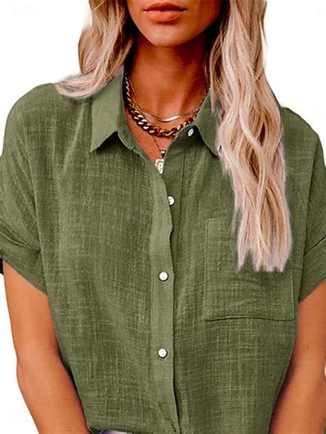 Women's Shirt Cotton Linen Shirts Button Up Blouse Solid Color Basic ...