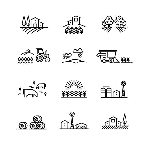 Village line landscapes with agricultural field and farm buildings ...