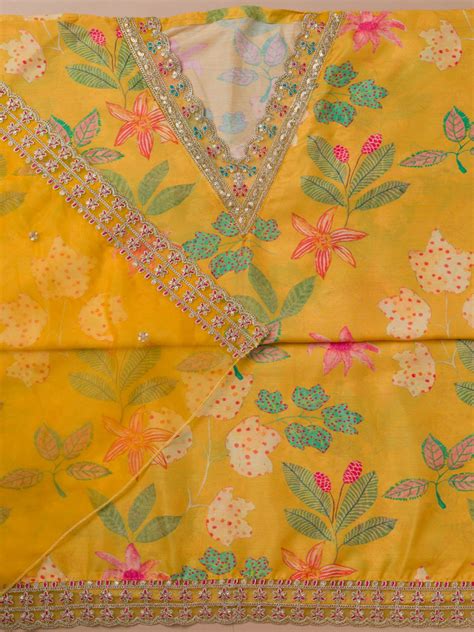 Buy Yellow Printed Cotton Blend Unstitched Salwar Suit - Koskii