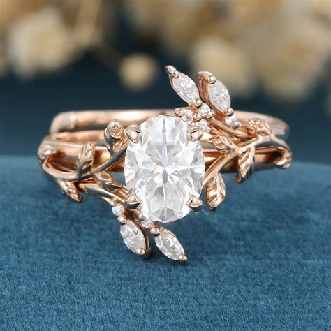 Nature Inspired Oval cut Moissanite Leaf Gold ring set | Wedding rings ...
