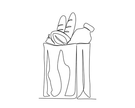 Continuous one line drawing of fresh food on paper grocery basket ...