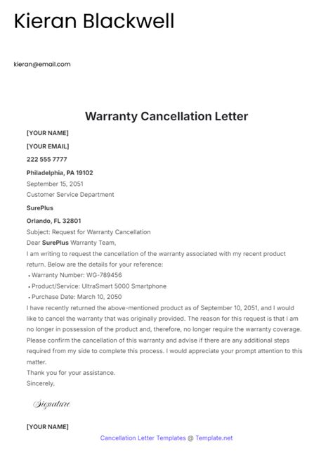 Free Warranty Cancellation Letter Template to Edit Online