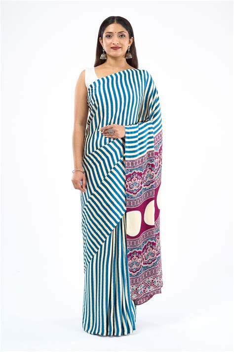 Teejh Utsahh Cream and Blue Digital Print Modal Silk Saree