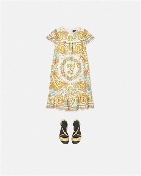 Underwater Barocco Ruffled Silk Kids Dress Multicolor,Gold | VERSACE AU