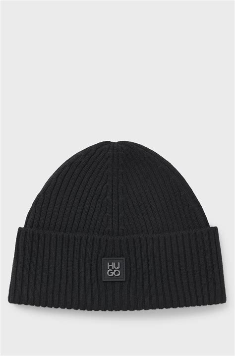 HUGO - Virgin-wool beanie hat with stacked-logo badge - Black