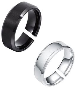 Okos Trendy Solid Black and Silver Polish Stainless Steel Band Finger ...
