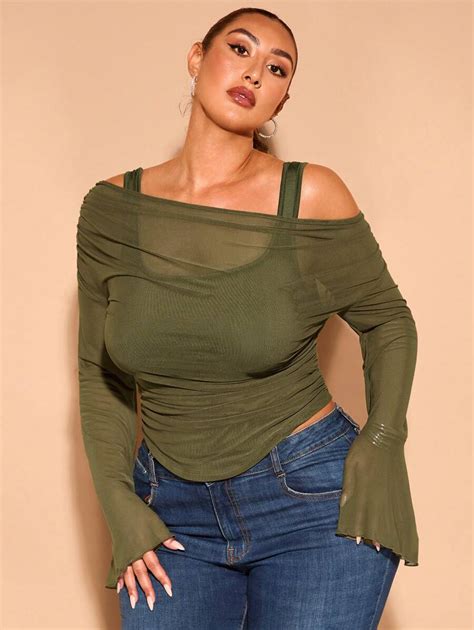 SHEIN BAE Blusa verde de ombro caído assimétrica, manga longa, estilo ...