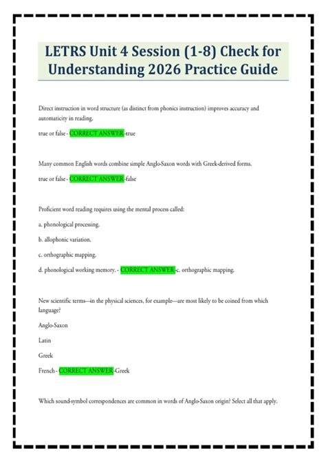 LETRS Unit 4 Session (1-8) Check for Understanding 2026 Practice Guide ...
