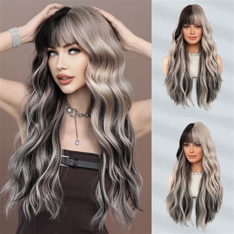 Amazon.com : 7JHH WIGS Grey Ombre Layered Wig with Curtain Bangs Long ...