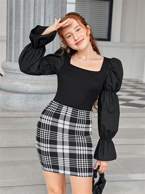 SHEIN Teen Girls Gather Sleeve Top & Plaid Skirt Set | Plaid skirt set ...